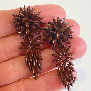 Vintage Brown Seed Handcrafted Clip On Statement Earrings Botanical Boho 2"